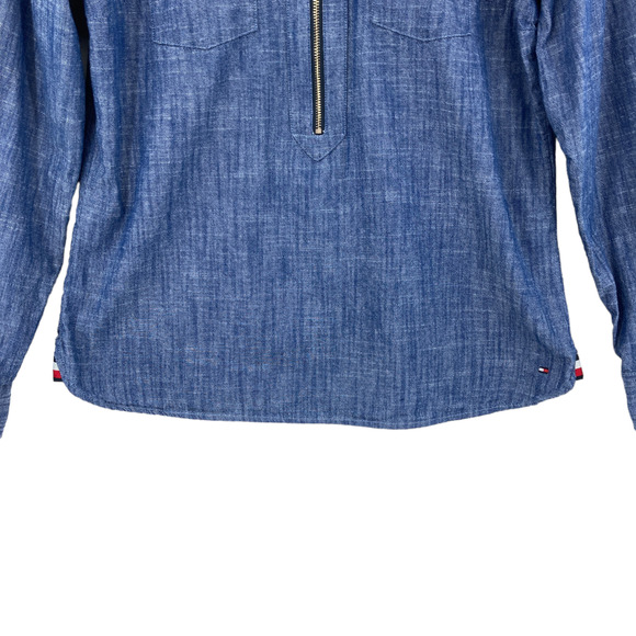 Tommy Hilfiger Shirt Women Small Blue Chambray Long Sleeve Logo Half Zip Popover - Picture 3 of 15